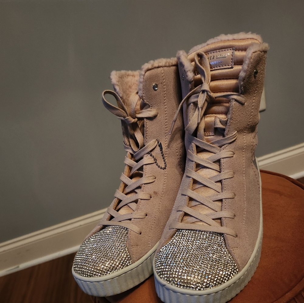 Sketchers Pink BLUSH suede rhinestones hightops women's sz 10 faux fur - Picture 2 of 8